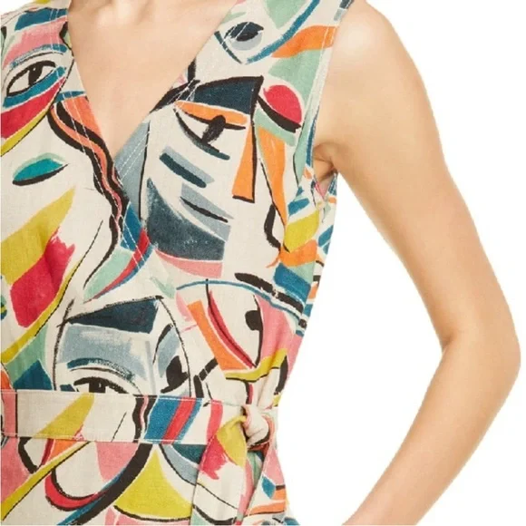 Lafayette 148 New York Pammie Abstract Linen Wrap Dress Size 12 - Picture 2 of 12